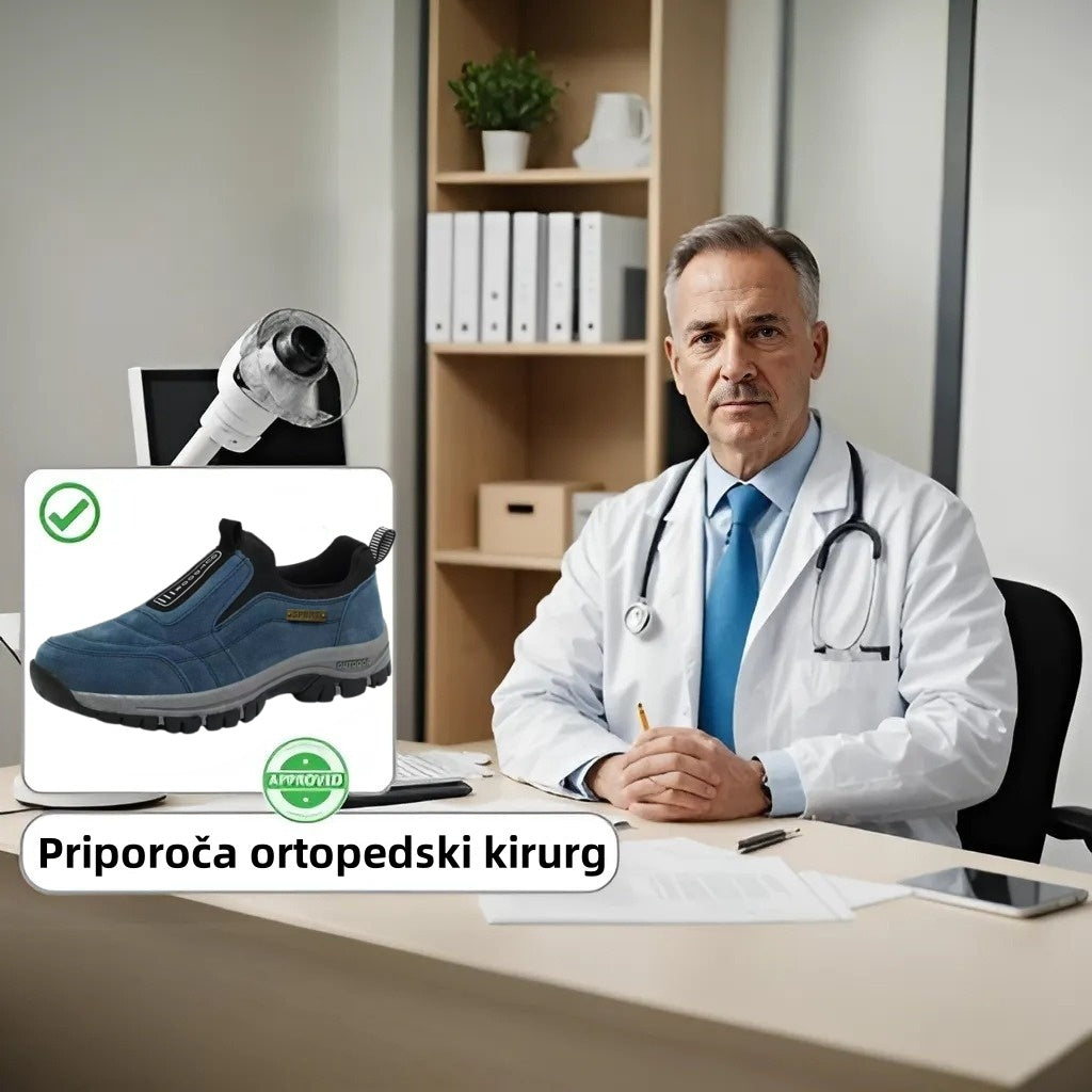 🎁 Moški ortopedski pohodni čevlji — Ročno šivan semiš 👟 Vodoodporni in nedrseči ✅ Podpora za stopalni lok — Udobna hoja.