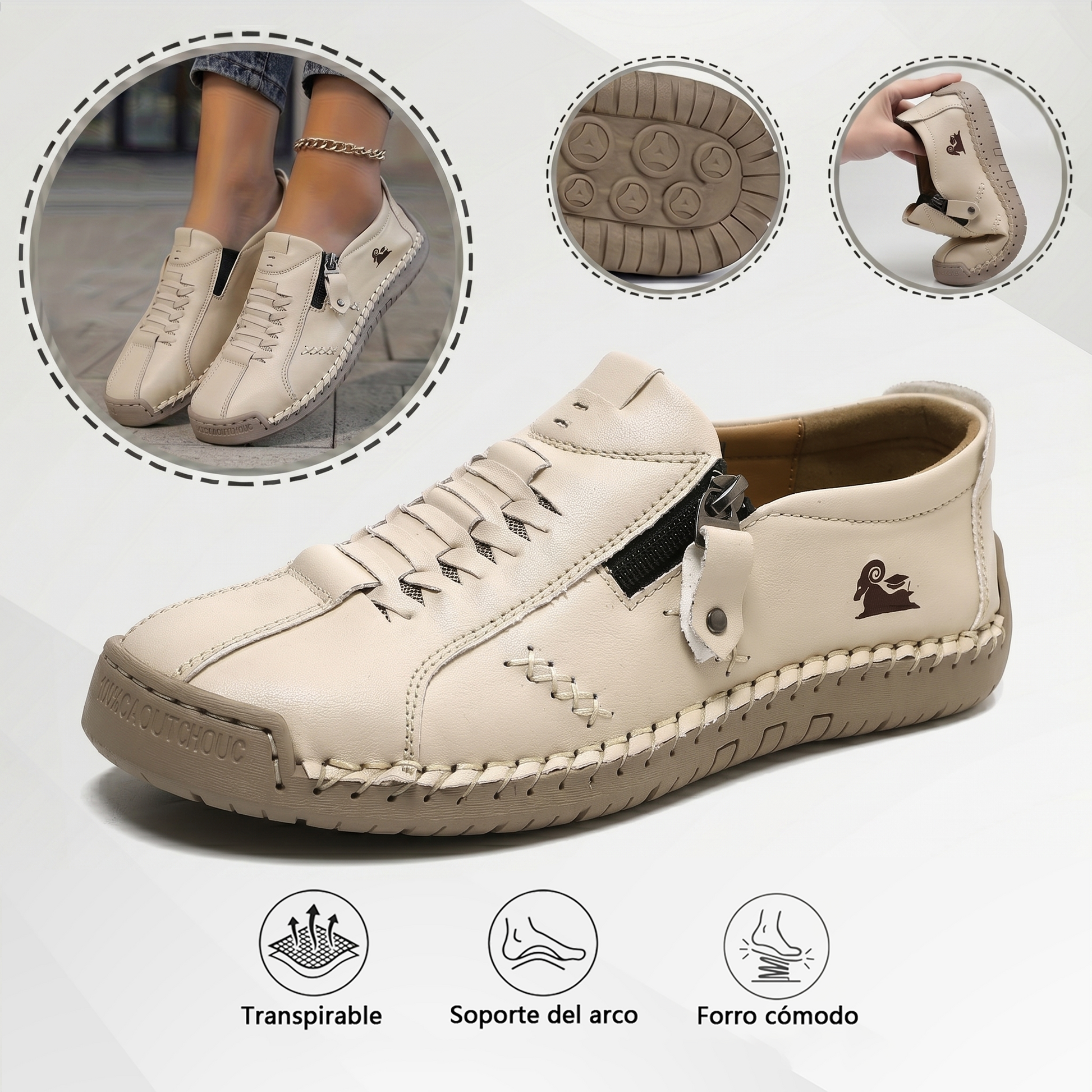 🔥 ¡Oferta especial de hoy con un 60% de descuento 🎁Mocasines de Piel con Cremallera para Mujer, Zapatos Cómodos Ergonómicos, Calzado Casual para Caminar Sin Cordones