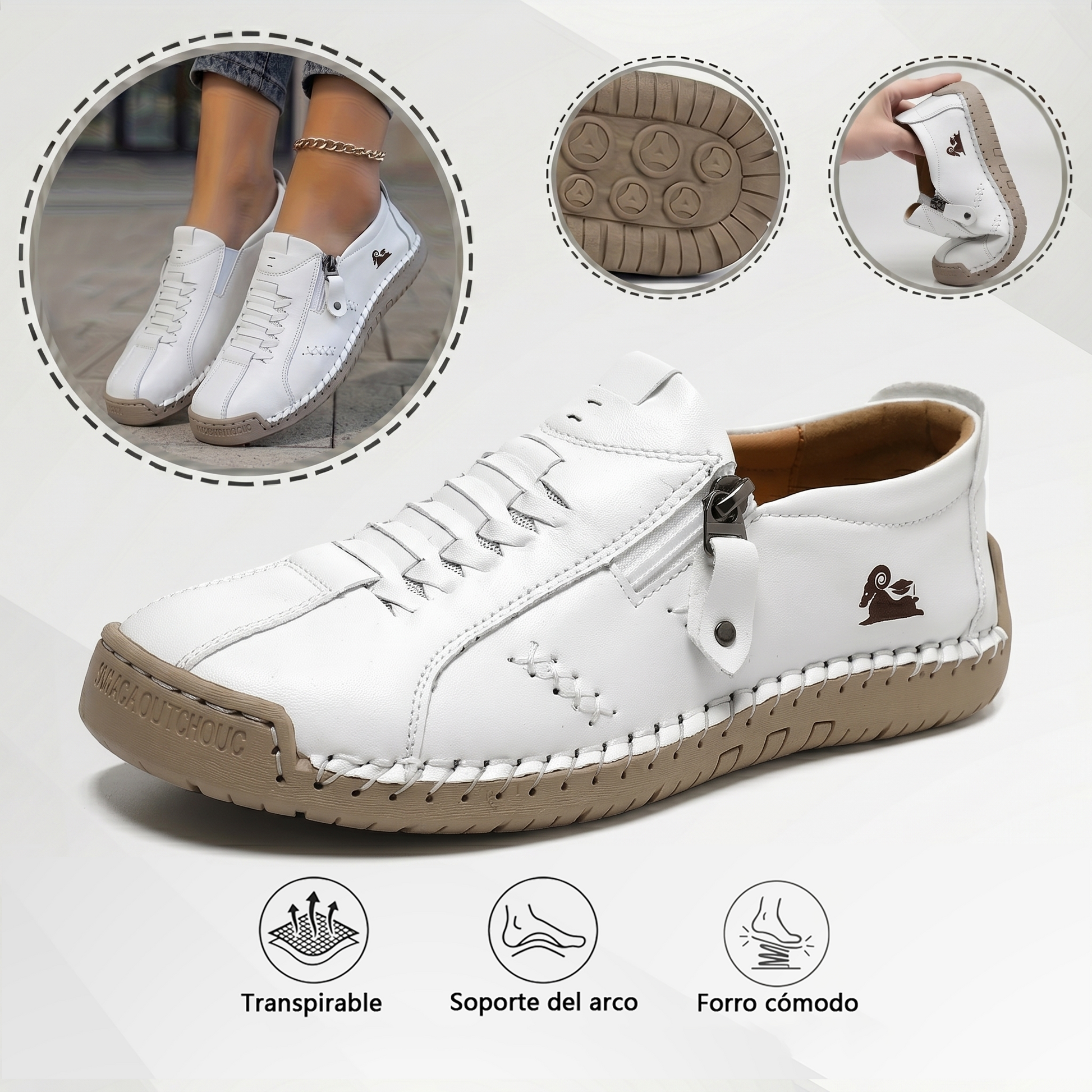 🔥 ¡Oferta especial de hoy con un 60% de descuento 🎁Mocasines de Piel con Cremallera para Mujer, Zapatos Cómodos Ergonómicos, Calzado Casual para Caminar Sin Cordones