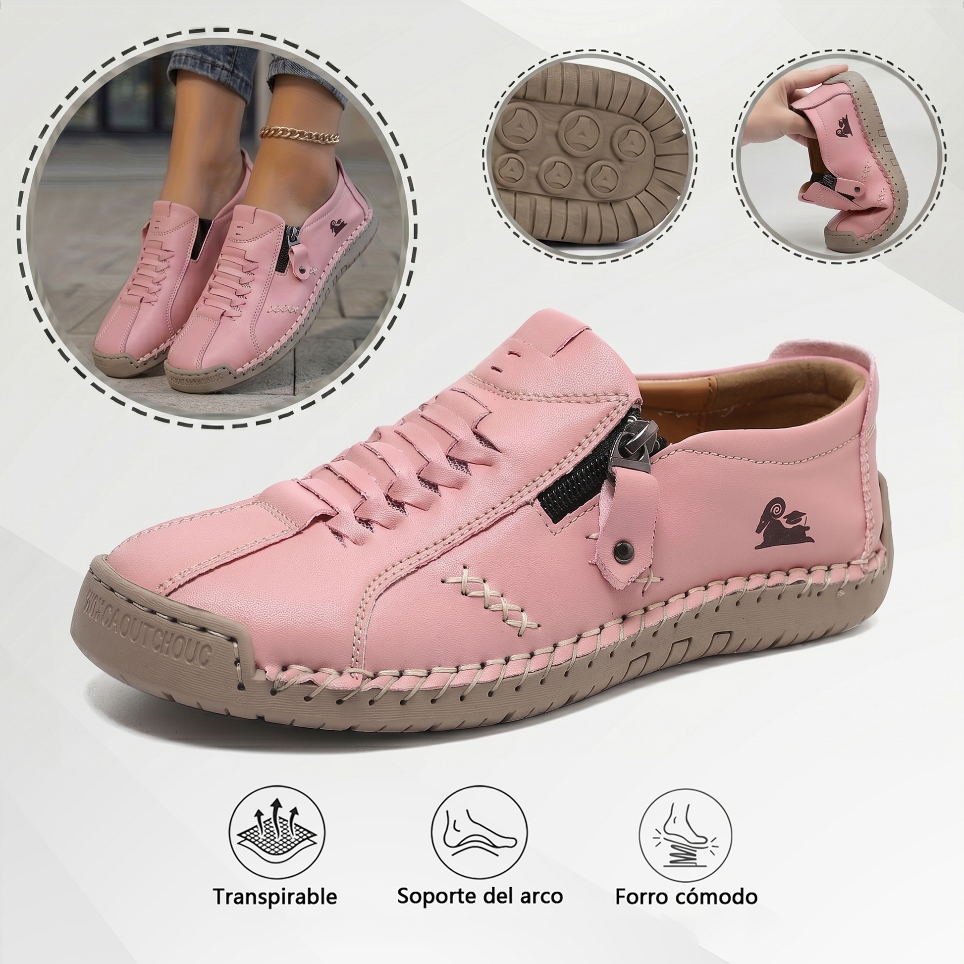 🔥 ¡Oferta especial de hoy con un 60% de descuento 🎁Mocasines de Piel con Cremallera para Mujer, Zapatos Cómodos Ergonómicos, Calzado Casual para Caminar Sin Cordones