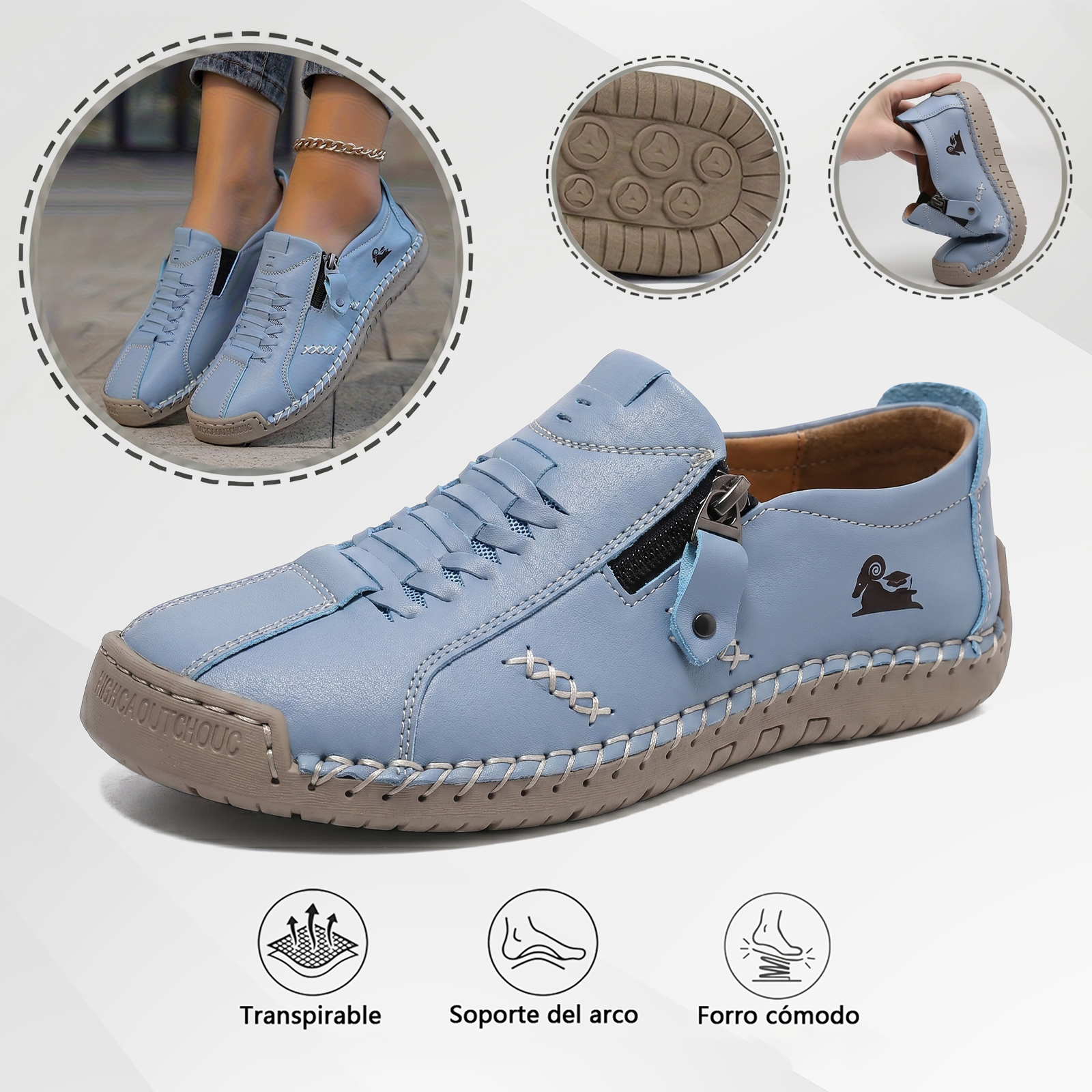 🔥 ¡Oferta especial de hoy con un 60% de descuento 🎁Mocasines de Piel con Cremallera para Mujer, Zapatos Cómodos Ergonómicos, Calzado Casual para Caminar Sin Cordones
